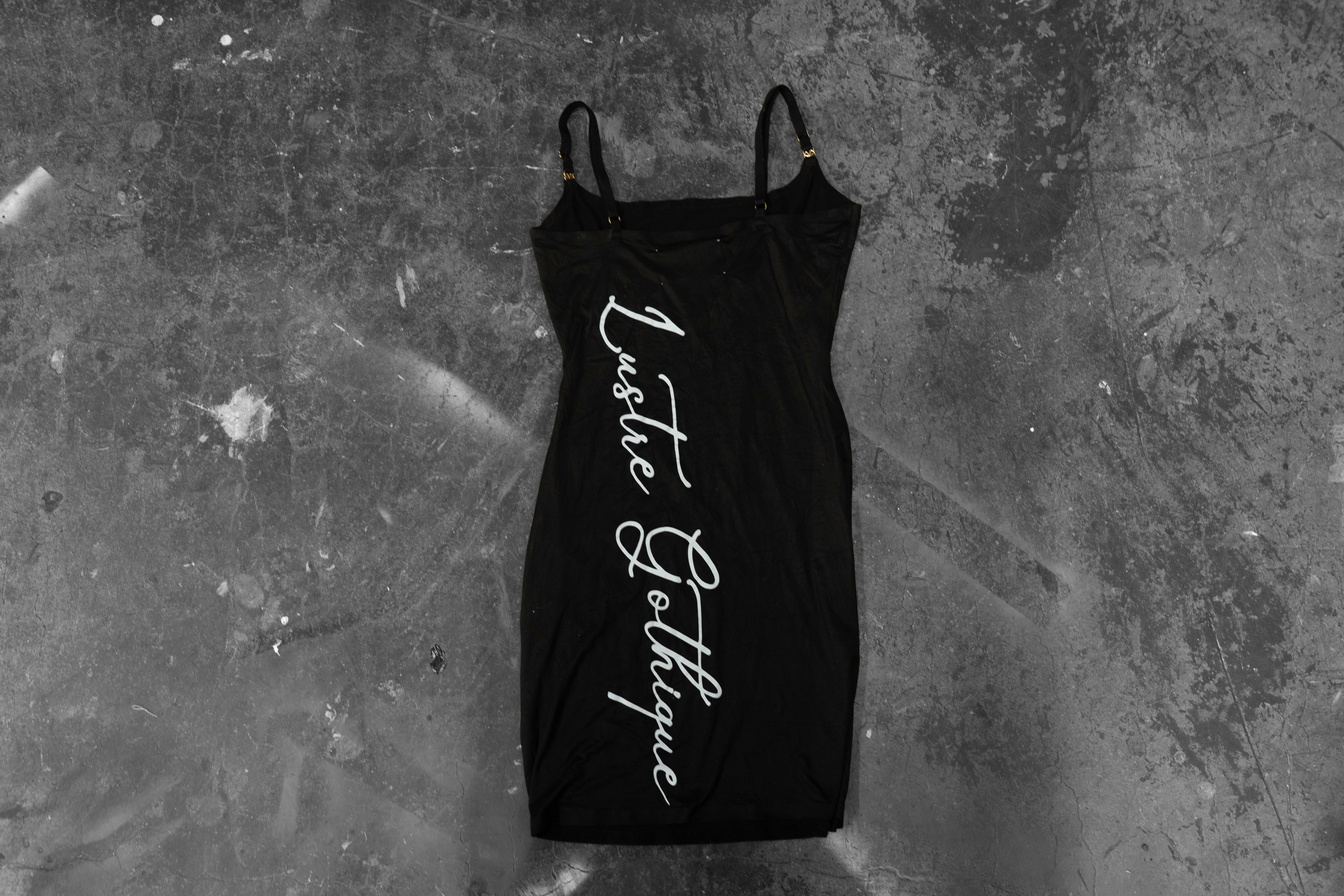 LUSTREGOTHIQUE — BLACK STRUCTURED SLIP DRESS WITH SCRIPT DETAIL