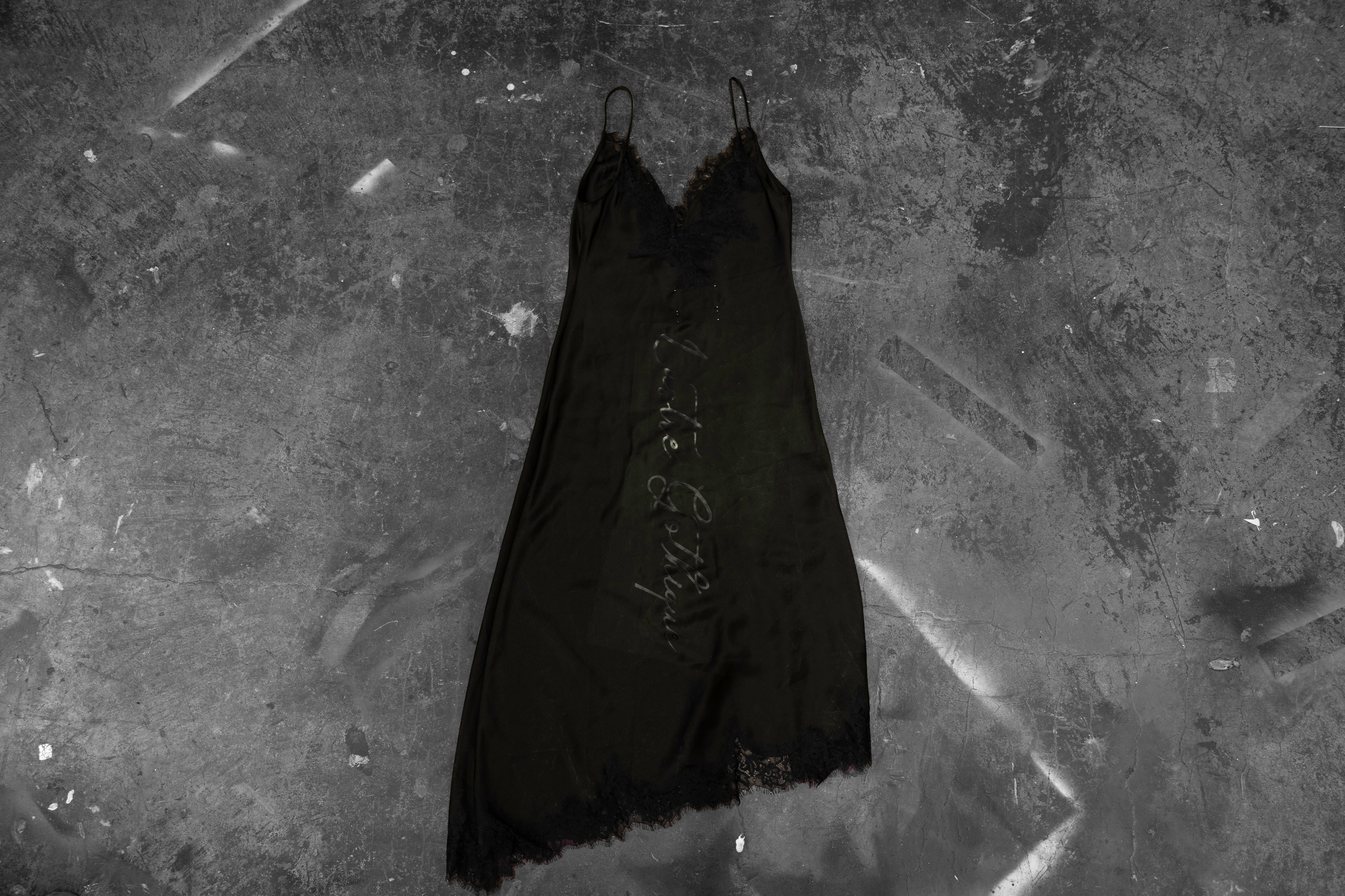 LUSTREGOTHIQUE — BLACK BIAS SLIP DRESS WITH LACE HEM